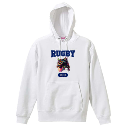 ラグビー レトロなレインボー猫とRUGBYロゴ 裏パイルプルオーバーパーカー