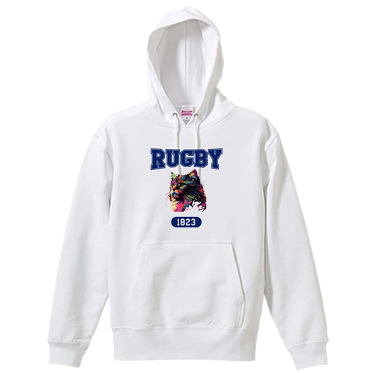 ラグビー レトロなレインボー猫とRUGBYロゴ 裏パイルプルオーバーパーカー