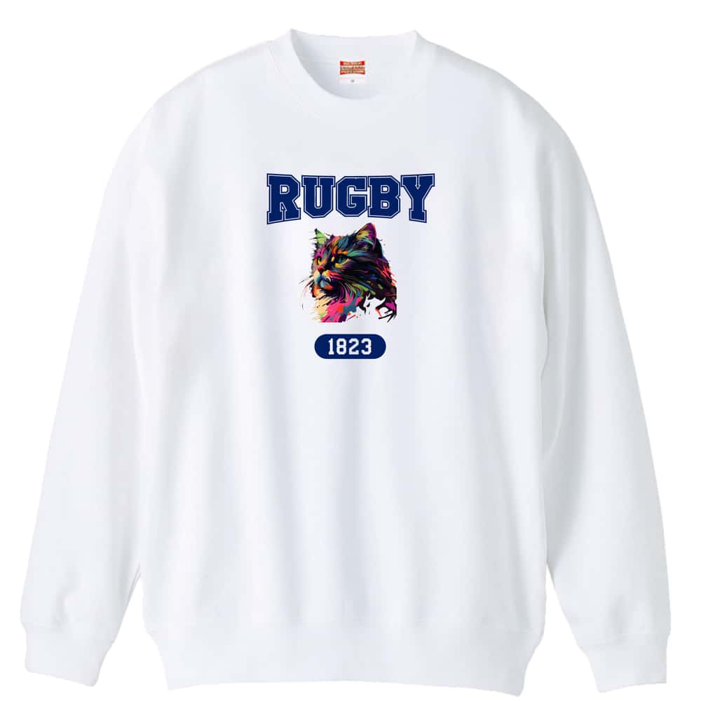 ラグビー レトロなレインボー猫とRUGBYロゴ 裏パイルスウェットトレーナー