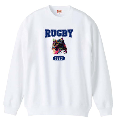 ラグビー レトロなレインボー猫とRUGBYロゴ 裏パイルスウェットトレーナー