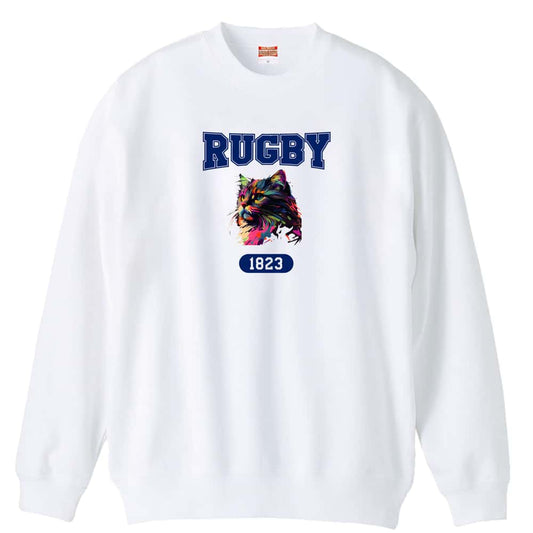 ラグビー レトロなレインボー猫とRUGBYロゴ 裏パイルスウェットトレーナー