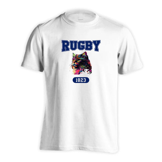 ラグビー レトロなレインボー猫とRUGBYロゴ 吸水速乾ドライTシャツ