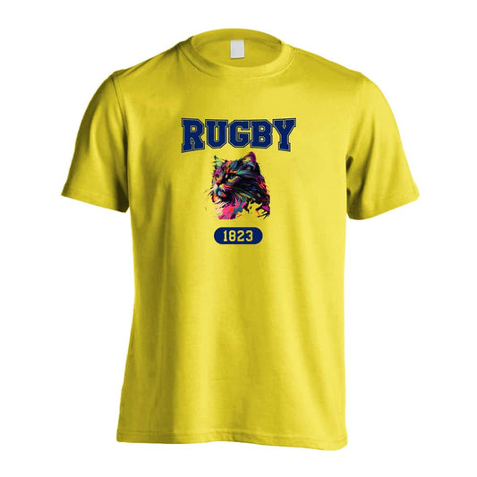 ラグビー レトロなレインボー猫とRUGBYロゴ 吸水速乾ドライTシャツ