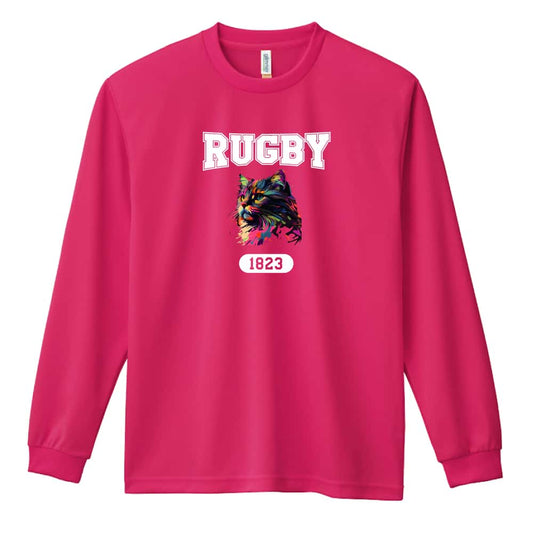 ラグビー レトロなレインボー猫とRUGBYロゴ 吸水速乾ドライロングTシャツ
