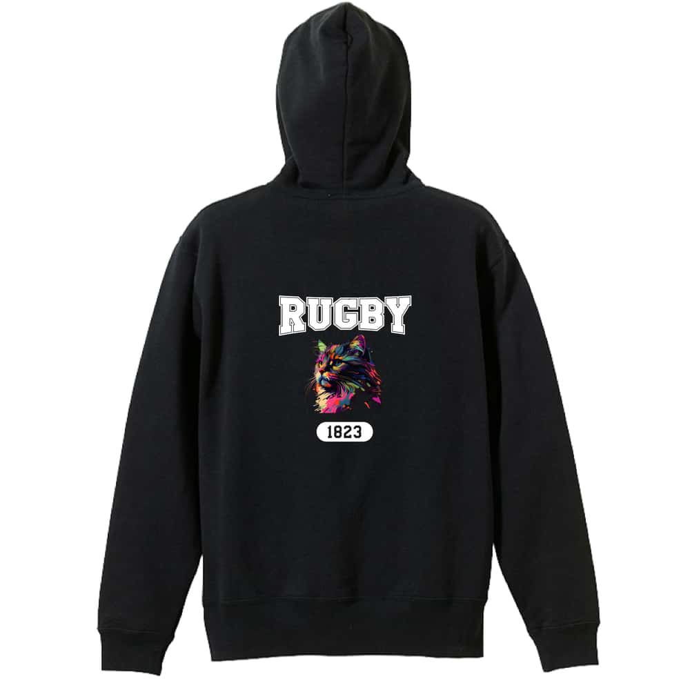 ラグビー レトロなレインボー猫とRUGBYロゴ 裏パイルジップパーカー
