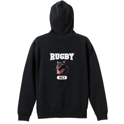 ラグビー レトロなレインボー猫とRUGBYロゴ 裏パイルジップパーカー