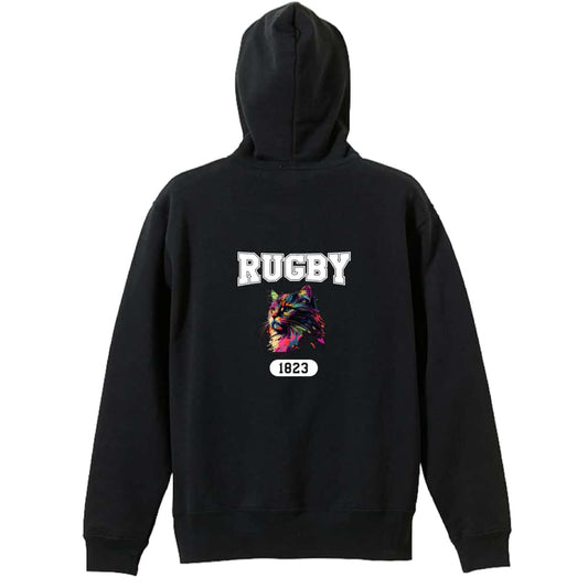 ラグビー レトロなレインボー猫とRUGBYロゴ 裏パイルジップパーカー
