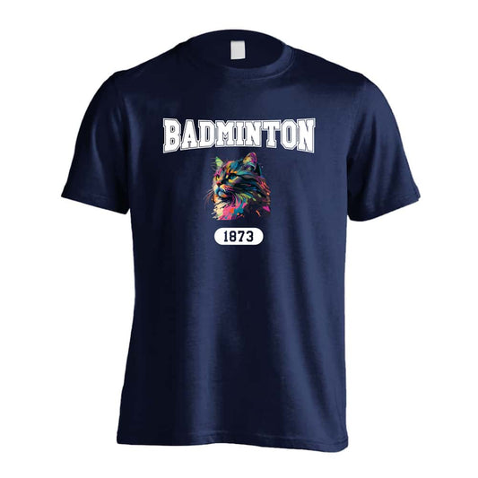 バドミントン レトロなレインボー猫とBADMINTONロゴ 吸水速乾ドライTシャツ