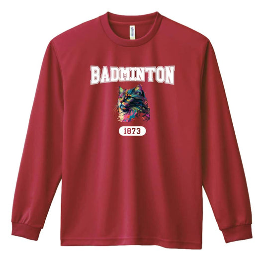 バドミントン レトロなレインボー猫とBADMINTONロゴ 吸水速乾ドライロングTシャツ