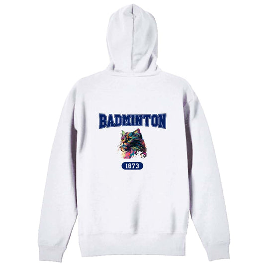 バドミントン レトロなレインボー猫とBADMINTONロゴ 裏パイルジップパーカー