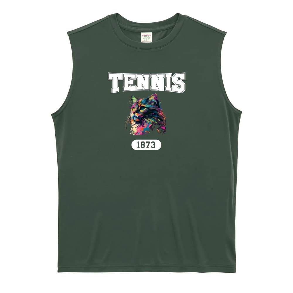 テニス レトロなレインボー猫とTENNISロゴ リサイクルポリエステル ノースリーブシャツ