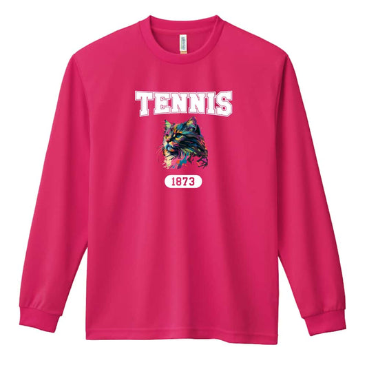 テニス レトロなレインボー猫とTENNISロゴ 吸水速乾ドライロングTシャツ