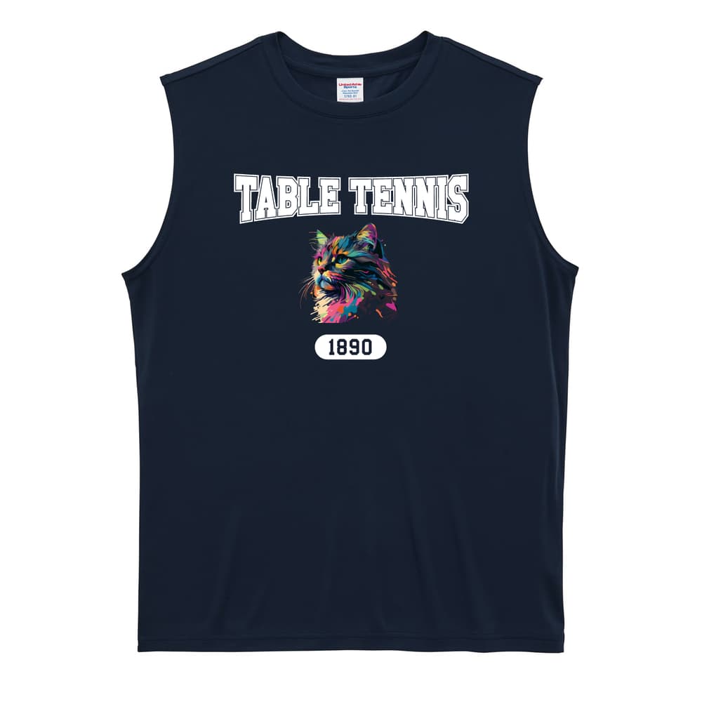 卓球 レトロなレインボー猫とTABLE TENNISロゴ リサイクルポリエステル ノースリーブシャツ