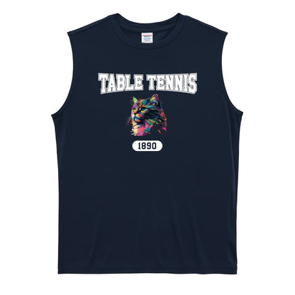 卓球 レトロなレインボー猫とTABLE TENNISロゴ リサイクルポリエステル ノースリーブシャツ