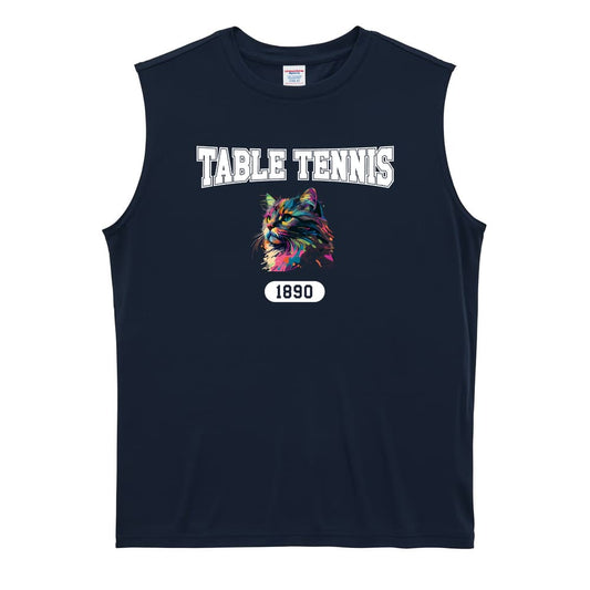 卓球 レトロなレインボー猫とTABLE TENNISロゴ リサイクルポリエステル ノースリーブシャツ