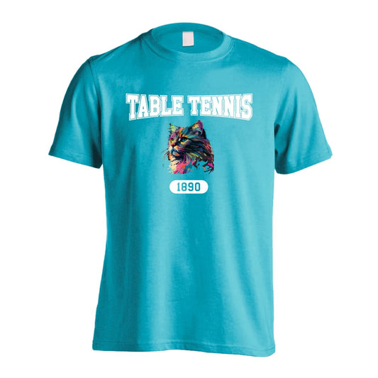 卓球 レトロなレインボー猫とTABLE TENNISロゴ 吸水速乾ドライTシャツ