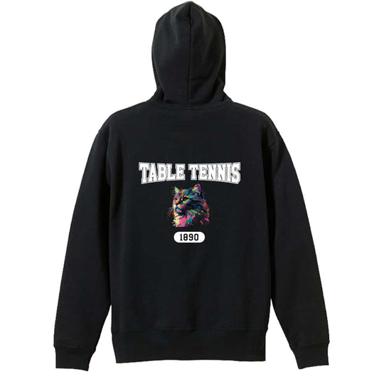 卓球 レトロなレインボー猫とTABLE TENNISロゴ 裏パイルジップパーカー