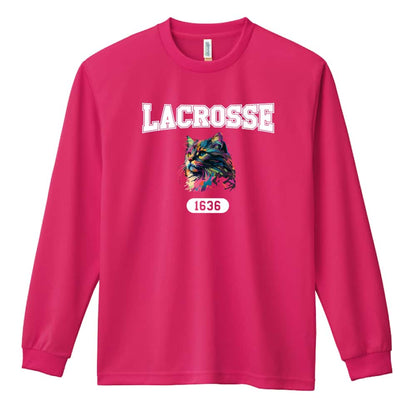 ラクロス レトロなレインボー猫とラクロスロゴ 吸水速乾ドライロングTシャツ