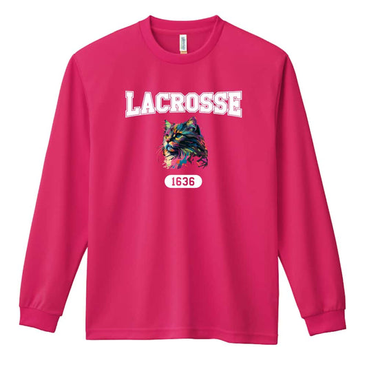 ラクロス レトロなレインボー猫とラクロスロゴ 吸水速乾ドライロングTシャツ
