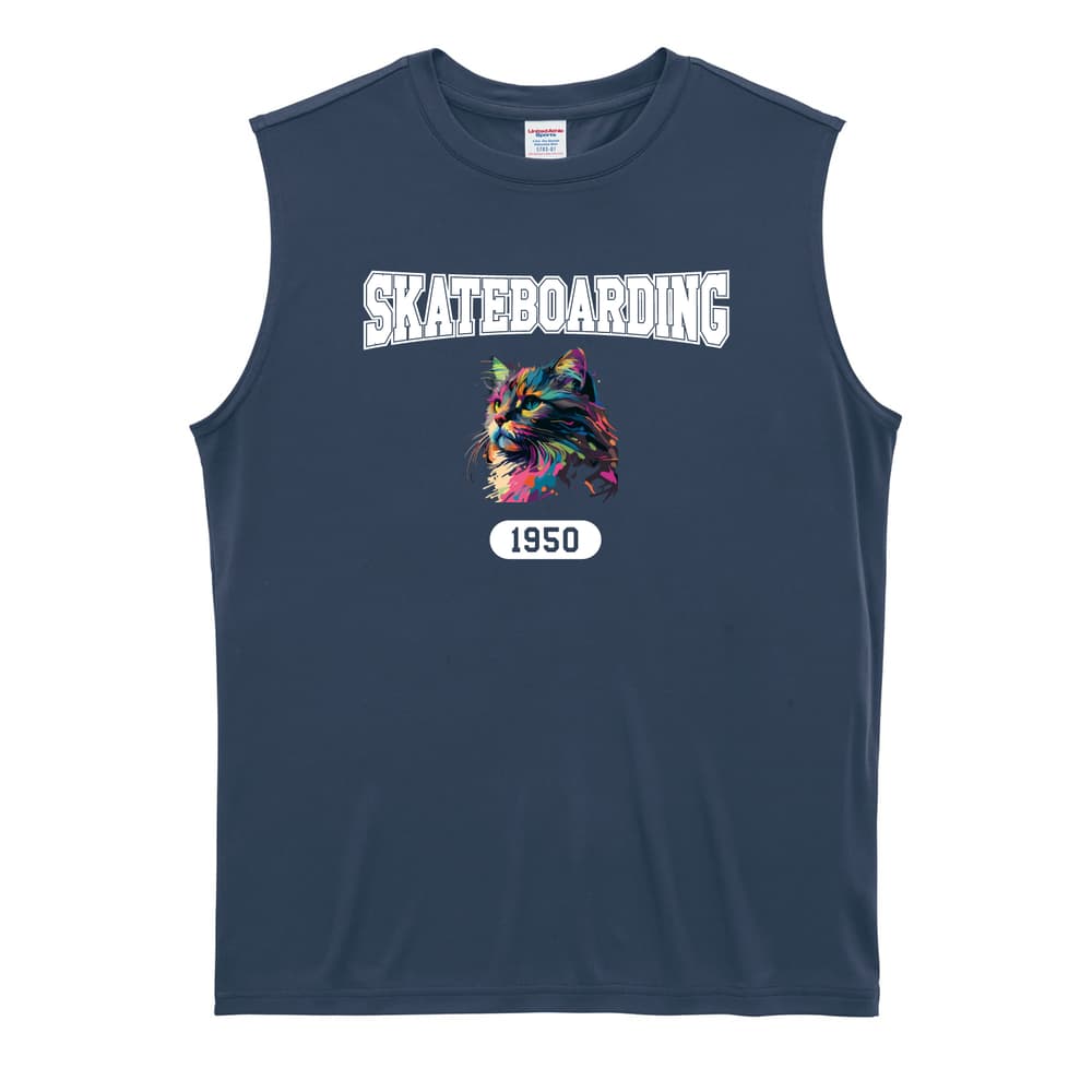 スケボー レトロなレインボー猫とSKATEBOADINGロゴ リサイクルポリエステル ノースリーブシャツ