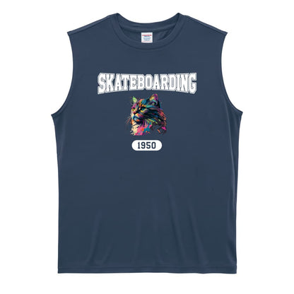 スケボー レトロなレインボー猫とSKATEBOADINGロゴ リサイクルポリエステル ノースリーブシャツ