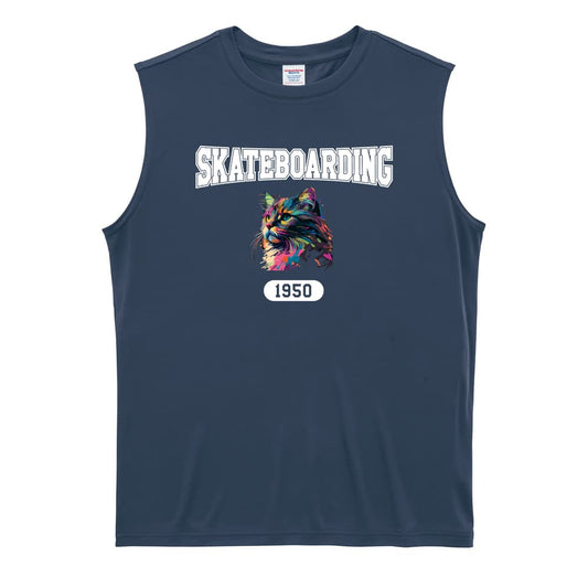 スケボー レトロなレインボー猫とSKATEBOADINGロゴ リサイクルポリエステル ノースリーブシャツ