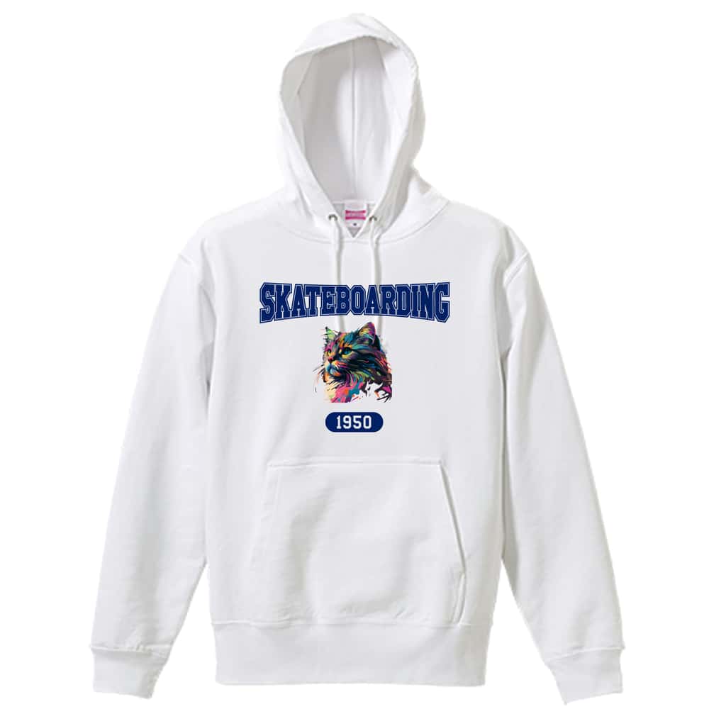 スケボー レトロなレインボー猫とSKATEBOADINGロゴ 裏パイルプルオーバーパーカー
