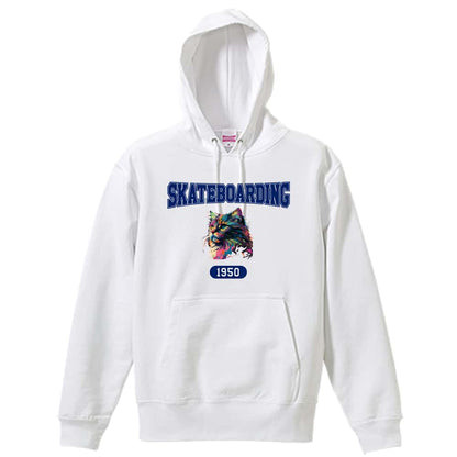 スケボー レトロなレインボー猫とSKATEBOADINGロゴ 裏パイルプルオーバーパーカー