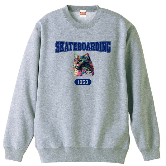 スケボー レトロなレインボー猫とSKATEBOADINGロゴ 裏パイルスウェットトレーナー