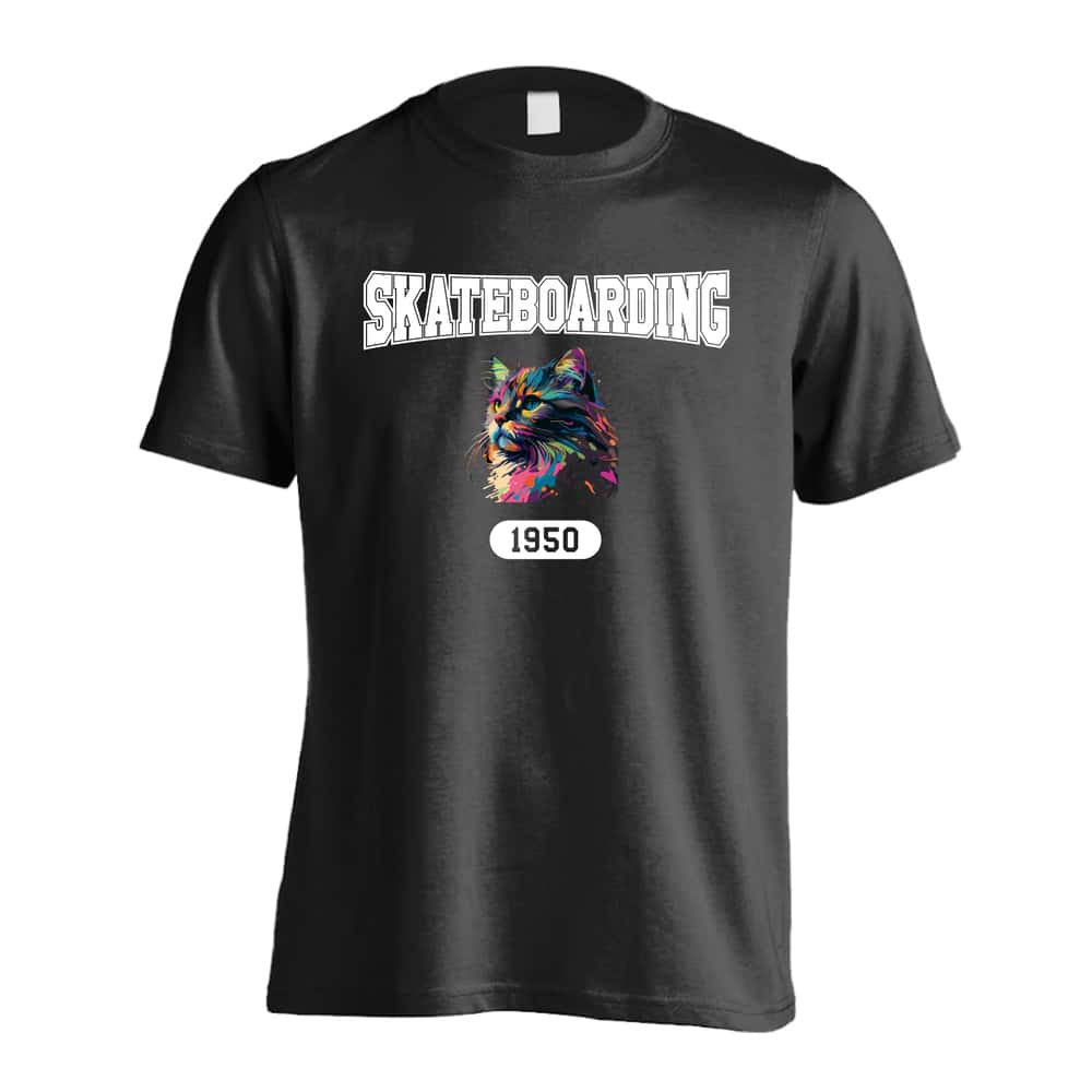 スケボー レトロなレインボー猫とSKATEBOADINGロゴ 吸水速乾ドライTシャツ