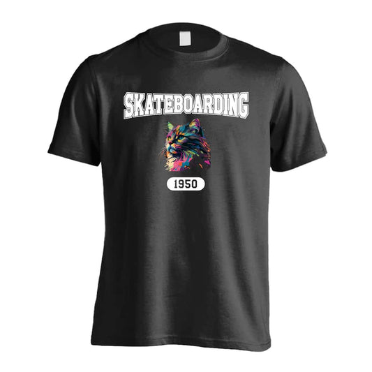 スケボー レトロなレインボー猫とSKATEBOADINGロゴ 吸水速乾ドライTシャツ