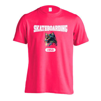 スケボー レトロなレインボー猫とスケボーロゴ 吸水速乾ドライTシャツ