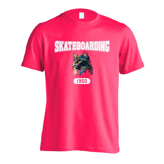 スケボー レトロなレインボー猫とスケボーロゴ 吸水速乾ドライTシャツ