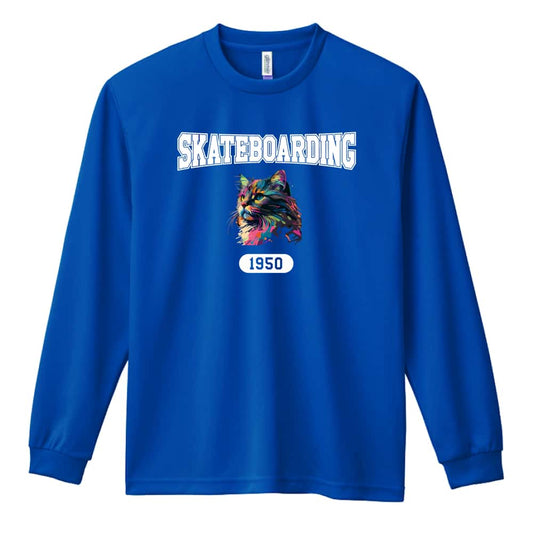 スケボー レトロなレインボー猫とSKATEBOADINGロゴ 吸水速乾ドライロングTシャツ