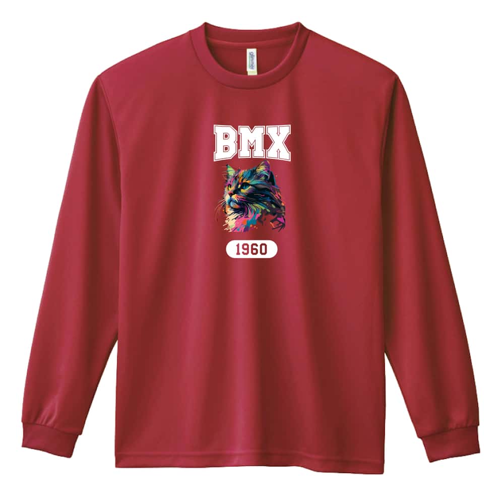 ビーエムエックス レトロなレインボー猫とBMXロゴ 吸水速乾ドライロングTシャツ