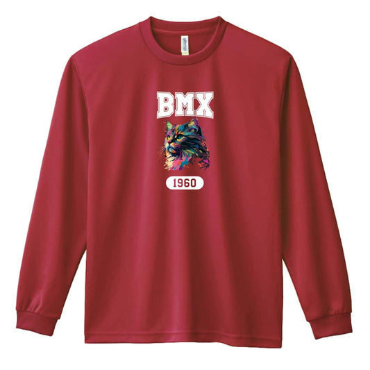 ビーエムエックス レトロなレインボー猫とBMXロゴ 吸水速乾ドライロングTシャツ