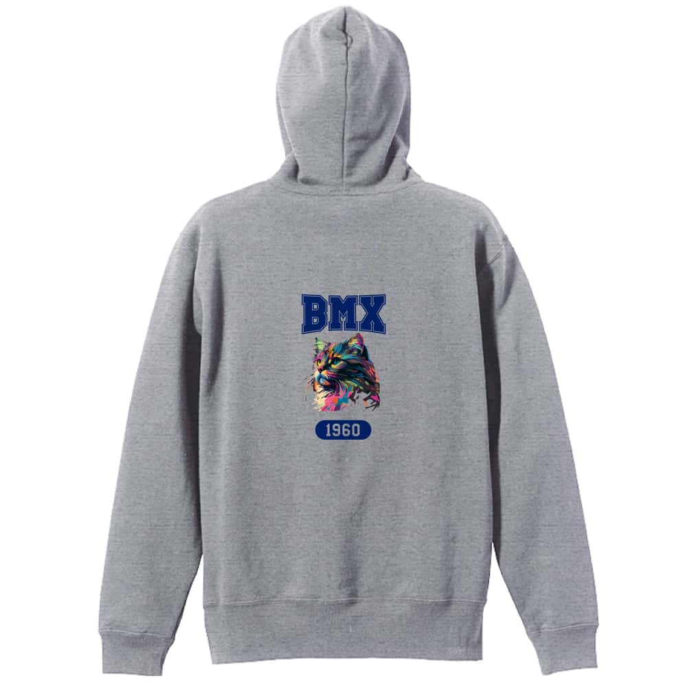 ビーエムエックス レトロなレインボー猫とBMXロゴ 裏パイルジップパーカー