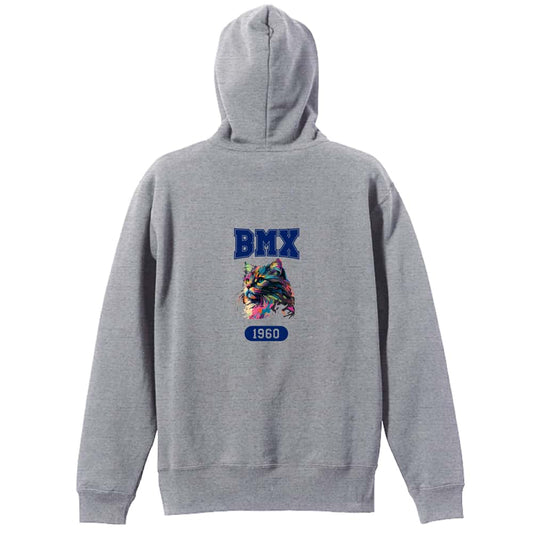 ビーエムエックス レトロなレインボー猫とBMXロゴ 裏パイルジップパーカー