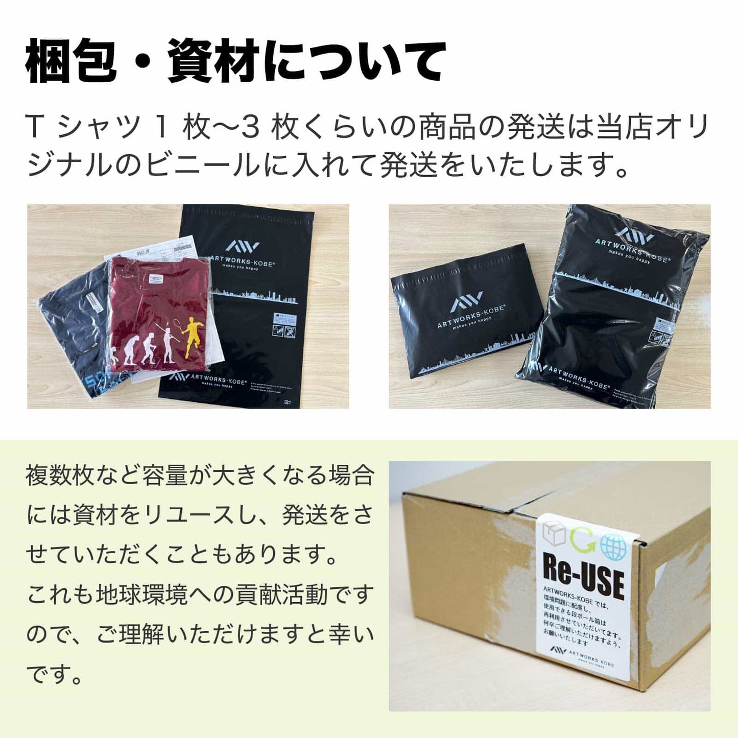 梱包・資材について。段ボールはリユースさせていただく場合がございます。