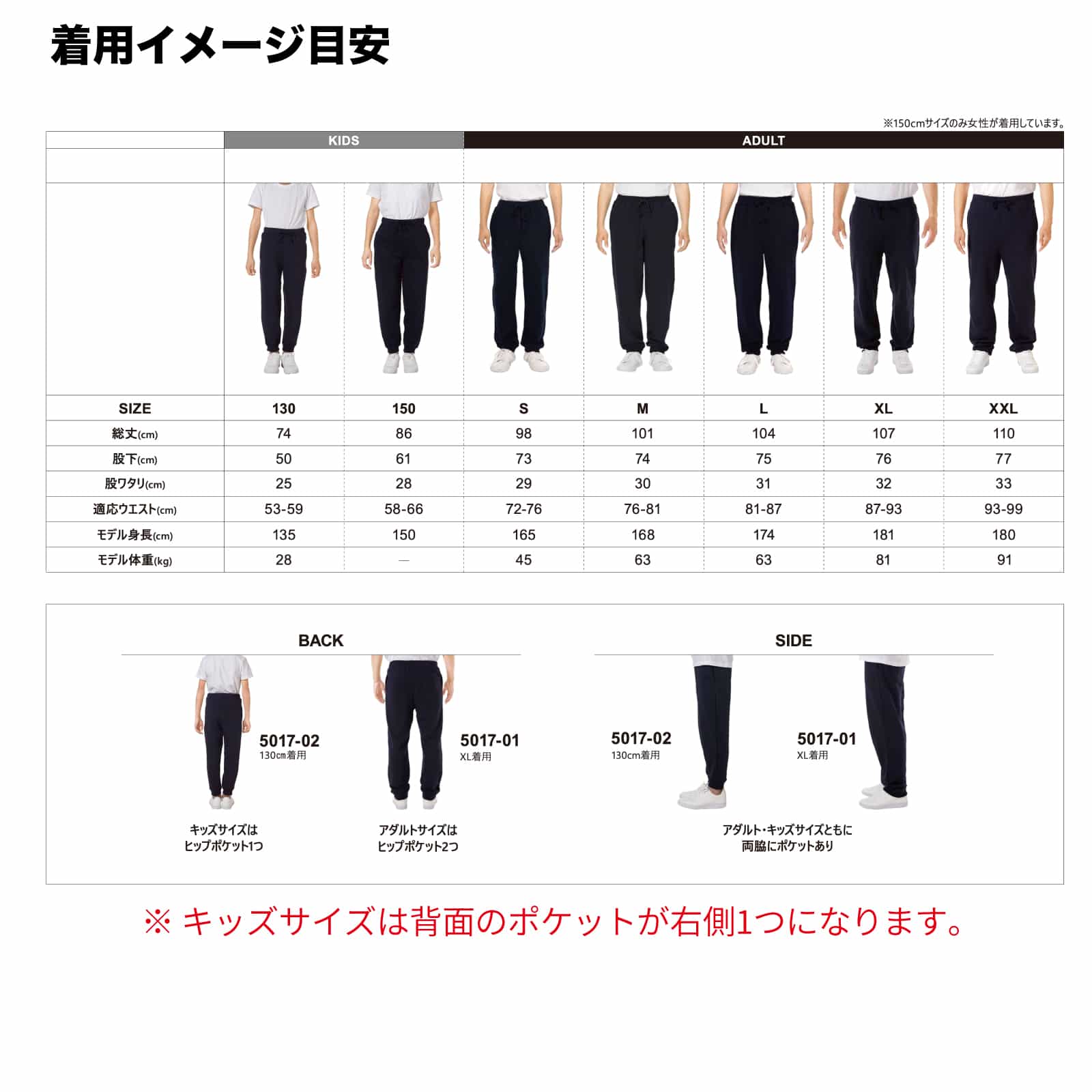 サイズ別の着用イメージ